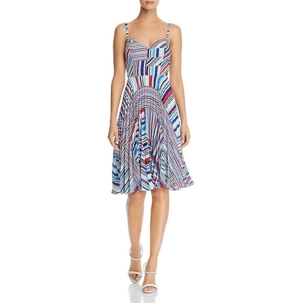 Parker Multicolor Pleated Midi Fit and Flare Dress Sweetheart Neckline Size 2